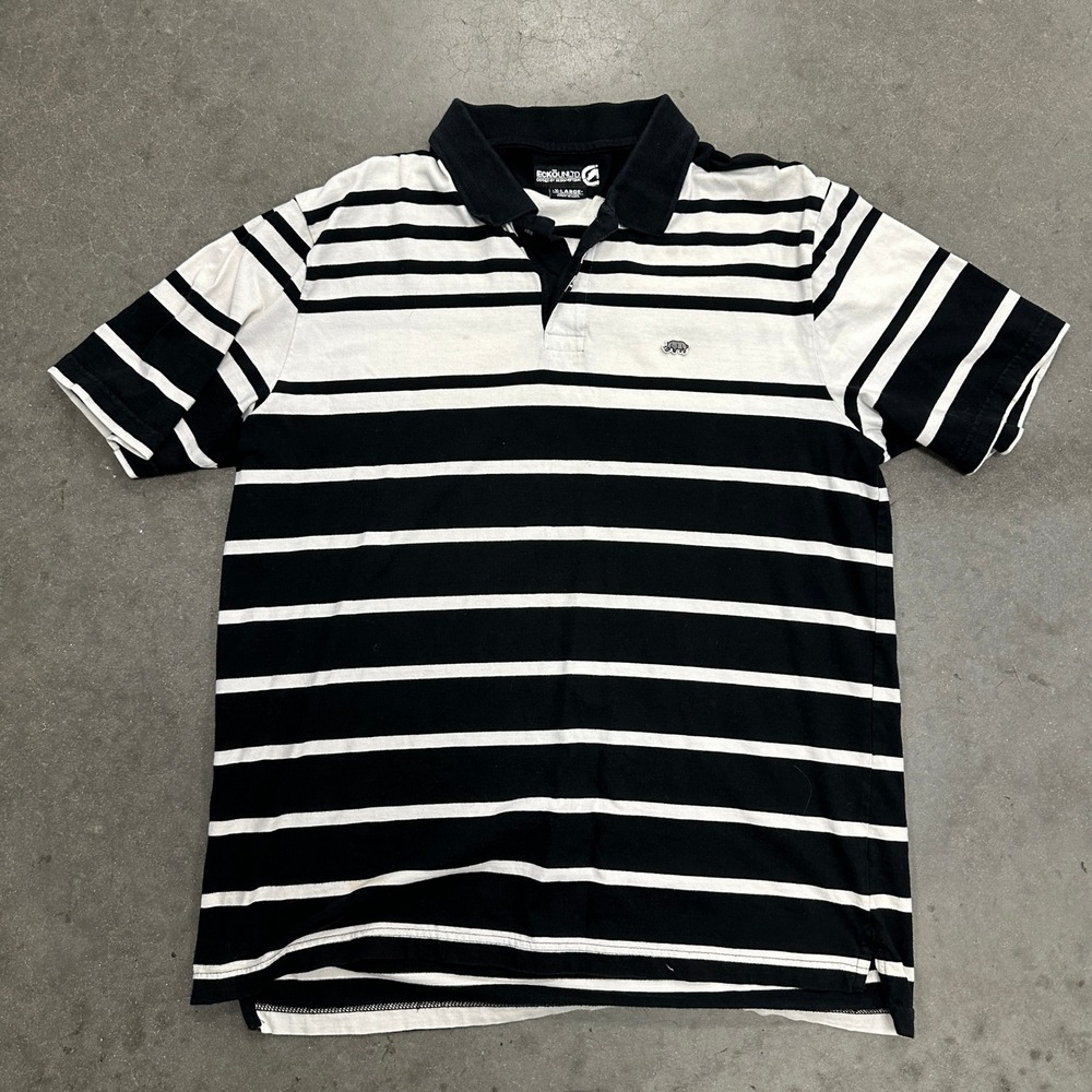 Ecko Unltd Mens XL Polo Shirt Black White Striped Short Sleeve Cotton Rhino Logo